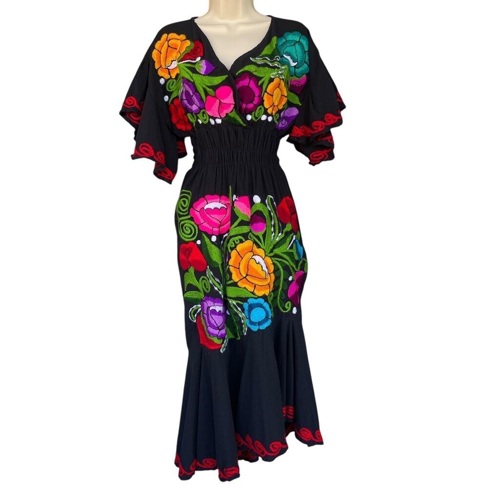Handmade Boho Dress Small Embroidered Floral Colorful Flutter Sleeve Smocked‎